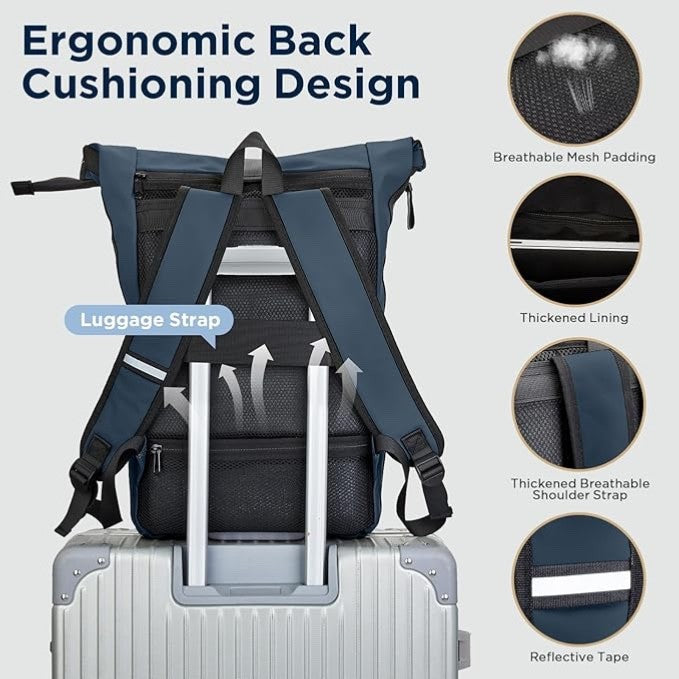 WELDUN Roll Top Laptop Backpack | 18-27L Expandable | Fits 17.3" | Waterproof | Navy