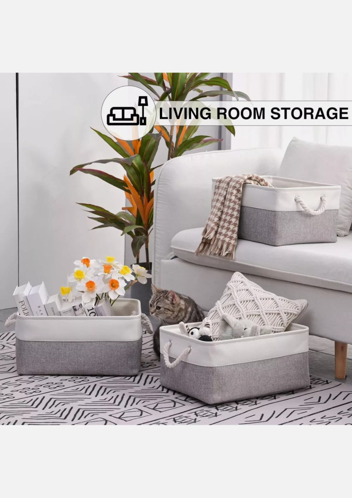 Kriovoa 3-Piece Foldable Fabric Storage Baskets with Handles Canvas Boxes