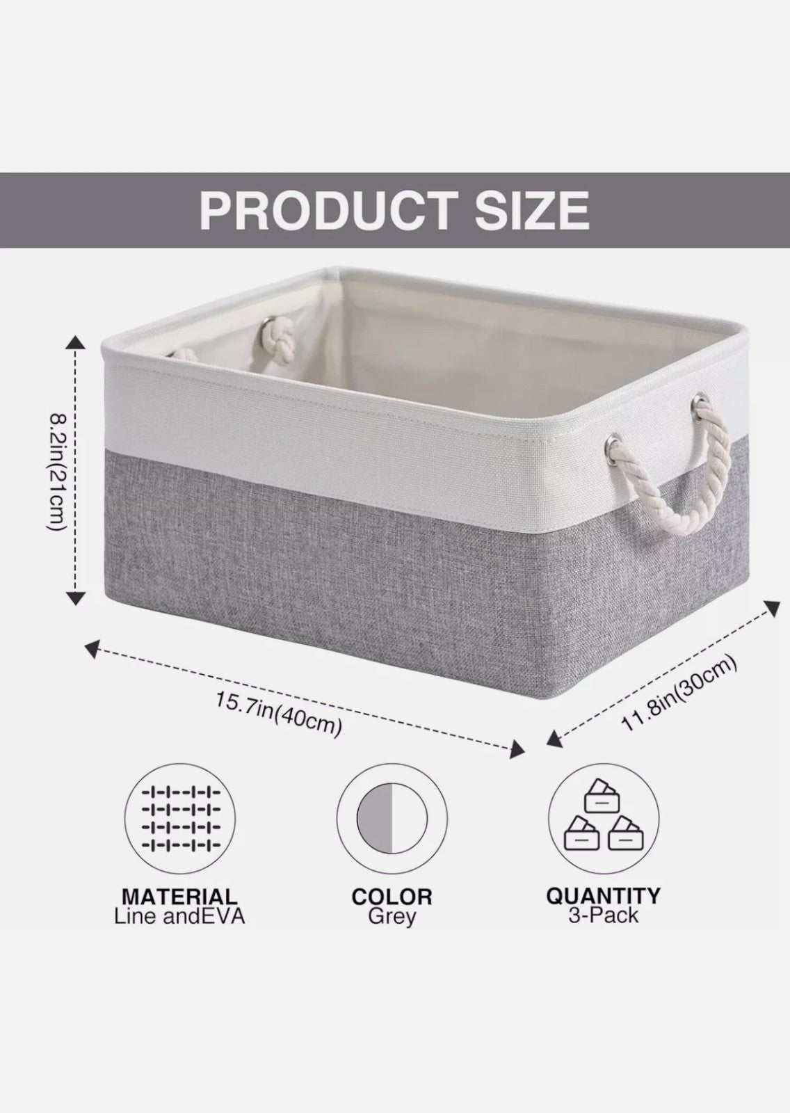Kriovoa 3-Piece Foldable Fabric Storage Baskets with Handles Canvas Boxes