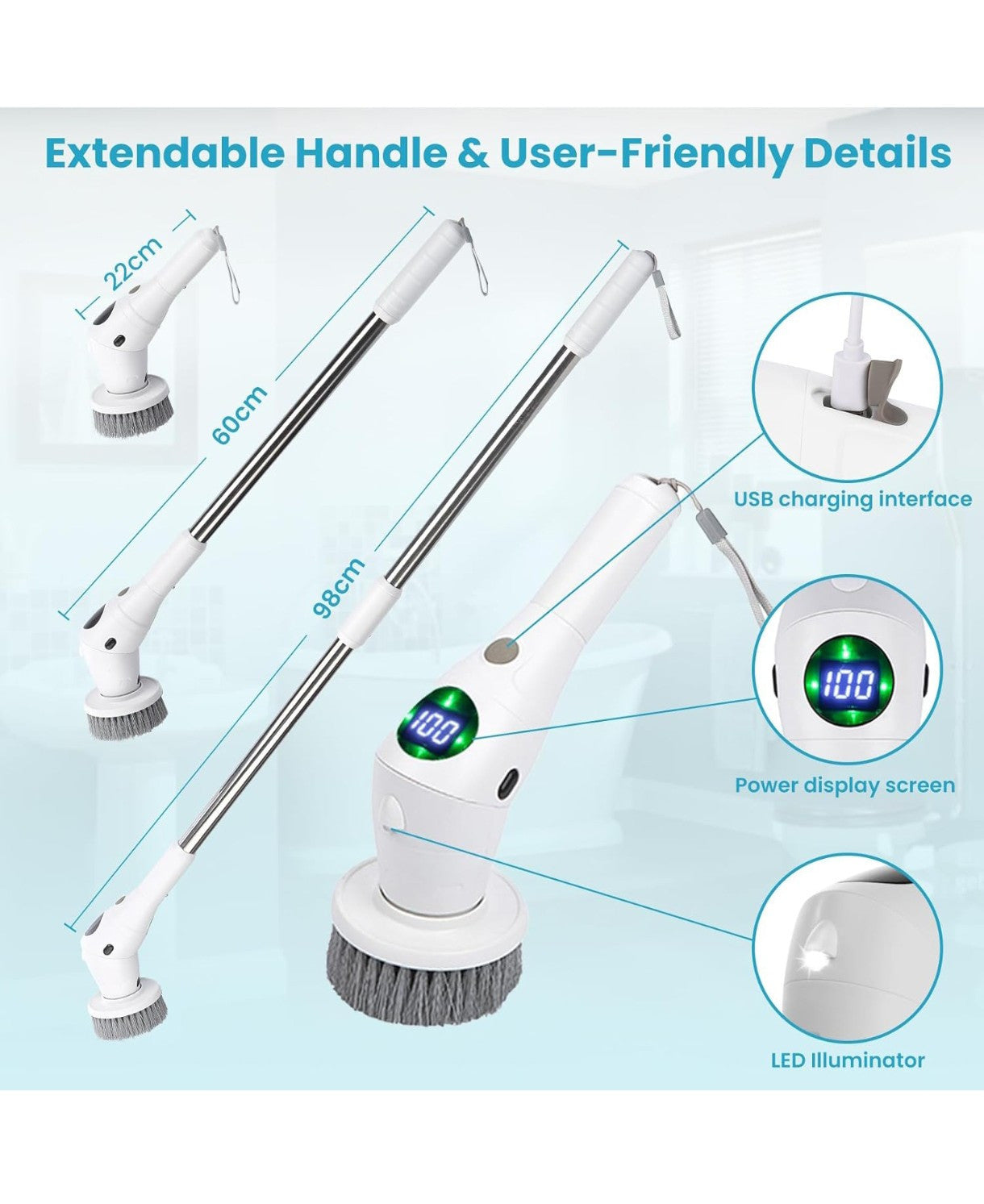 JoyGeek Cordless Spin Scrubber - LED, 8 Brush Heads, 3 Speeds for All Cleaning!