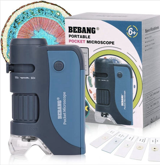 BEBANG Pocket Microscope 60x–120x – Handheld Mini Microscope for Kids (Blue)