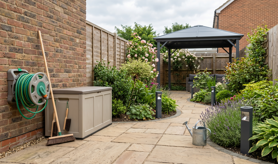 Tidy UK patio with compact storage, outdoor cleaning tools and a weather-ready gazebo in the background