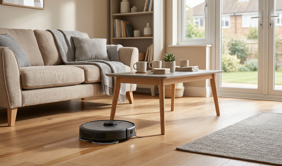 Modern UK home featuring a robot vacuum and mop cleaning hardwood floors in a family living room.