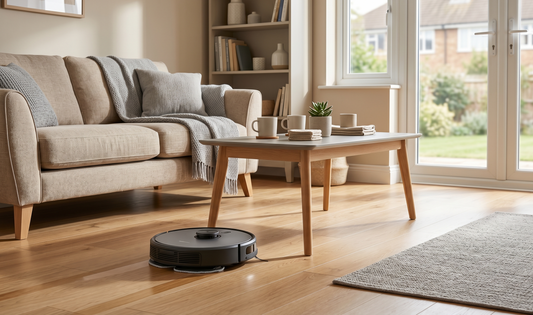 Modern UK home featuring a robot vacuum and mop cleaning hardwood floors in a family living room.