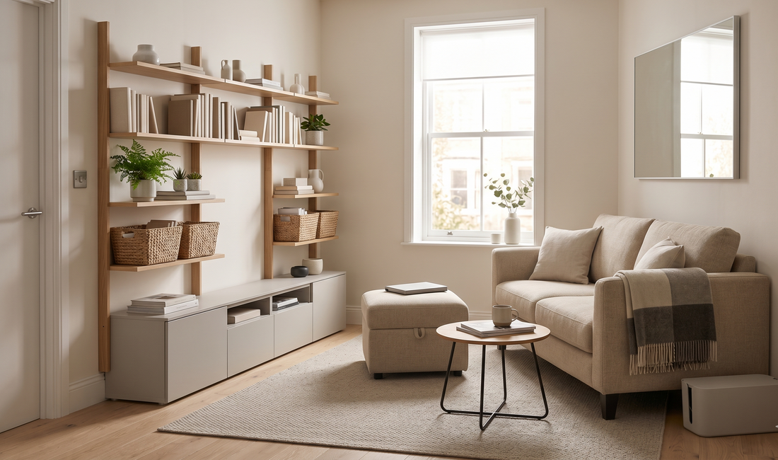 A neatly organised and compact UK living room with practical storage solutions