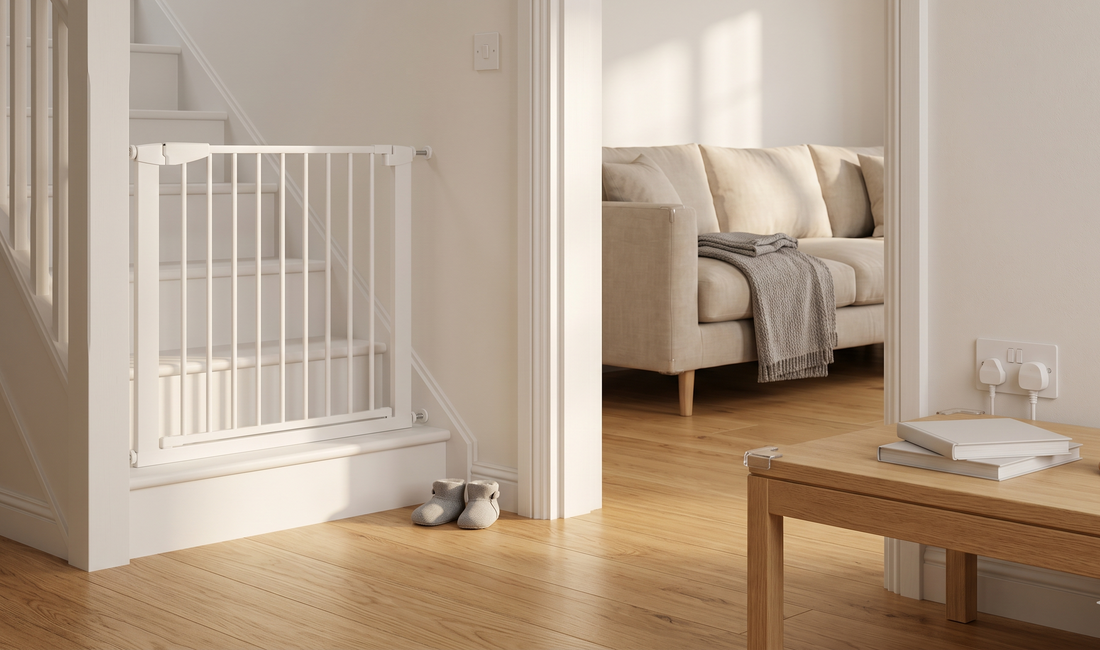 Childproofed living room in a UK home with essential safety products in place.