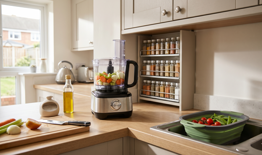 Modern UK family kitchen showing a countertop with practical kitchen tools