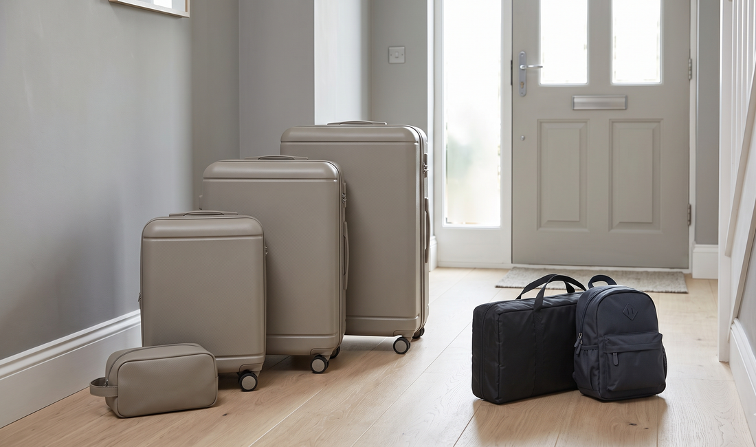 A neatly arranged UK family luggage set on a light oak hallway floor beside a folded pram and small backpack — all practical,