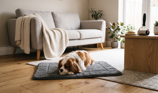 A tidy UK living room with a calm dog on a washable mat, a sleek pet hair roller nearby, and a compact grooming kit on a wood
