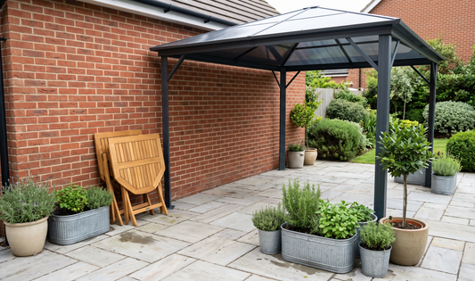 Compact UK urban garden with foldable Outsunny hardtop gazebo, stackable storage bins, and child-safe plant markers on a pave