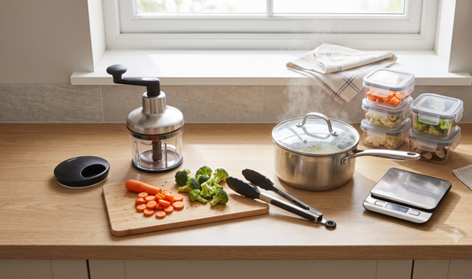 Overhead shot of a bright, modern UK kitchen counter with stainless steel food chopper, silicone grip tongs, stackable storag