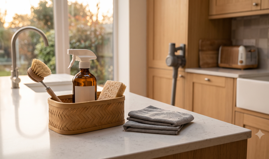 A sunlit, clutter-free UK kitchen counter with a reusable spray bottle, microfibre cloths, a compact cordless vacuum, and a b