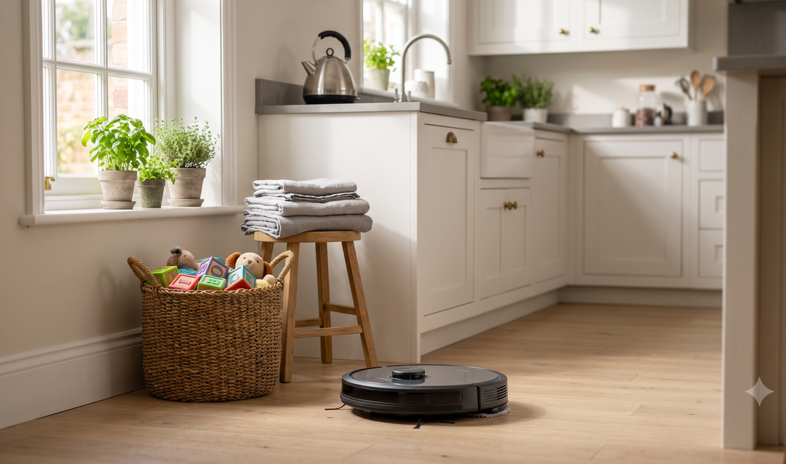 Modern UK semi-detached kitchen with light wood floor, ECOVACS robot vacuum and mop cleaning beside a toddler’s toy basket an