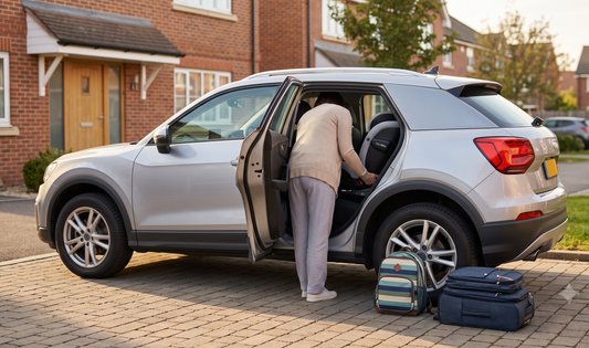 A modern UK family loading a Reecle 360 swivel ISOFIX car seat into a compact SUV in a sunlit driveway, with luggage visible 