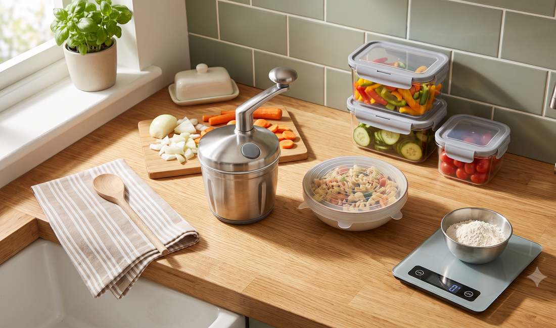 Overhead shot of a clutter-free modern UK kitchen counter with stainless steel food chopper, silicone lid saver, stackable st