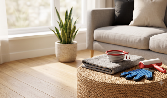 A tidy UK living room with a grey cat on a washable pet mat beside a sleek pet hair roller, collapsible travel bowl, and comp