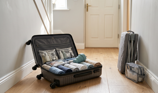 A neatly packed, lightweight Kono hard-shell suitcase open beside a folded travel cot and compact toiletry bag on a sunlit UK