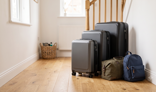 Modern UK family packing lightweight ABS hard-shell trolley suitcases in a bright hallway, with folded weekend bag and child’