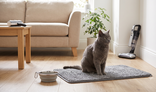 A tidy UK living room with a grey cat on a washable pet mat beside a sleek pet hair roller, collapsible travel bowl, and cord