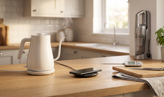 A sunlit UK kitchen counter with a compact smart kettle, wireless charging pad, digital meat thermometer, and cordless vacuum