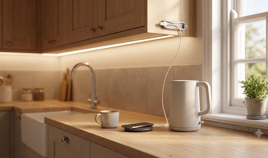 Modern UK kitchen counter with compact smart kettle, magnetic cord tidy, LED under-cupboard strip lights, and wireless chargi