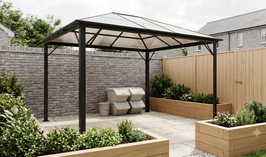 Compact UK urban garden with foldable Outsunny gazebo, stackable storage boxes, and child-safe gate latch in natural daylight