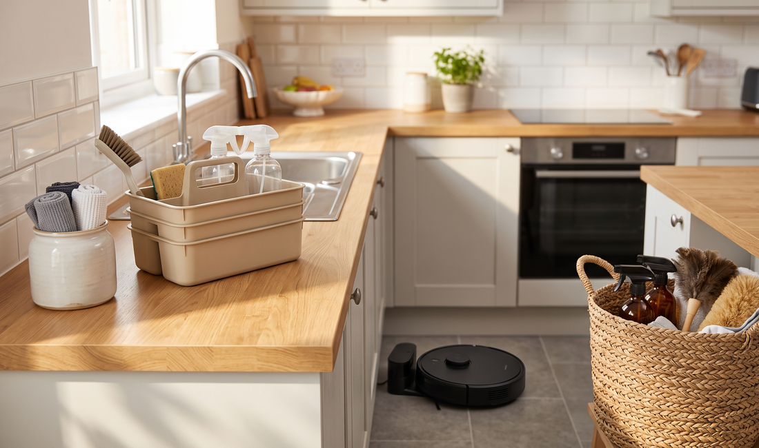 A bright, tidy UK kitchen with a stainless-steel sink, neatly stacked cleaning caddies, microfibre cloths, and a compact robo