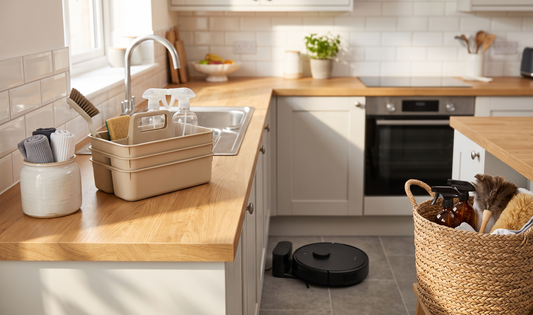 A bright, tidy UK kitchen with a stainless-steel sink, neatly stacked cleaning caddies, microfibre cloths, and a compact robo