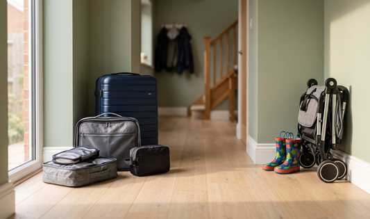 A neatly packed UK family’s weekend luggage on a light oak hallway floor: Kono hard-shell suitcase, foldable travel caddy, co