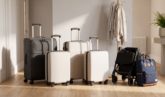 A neatly arranged UK family luggage set on a light oak hallway floor beside a folded pram and compact travel backpack