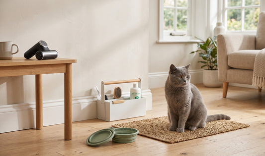 A tidy UK living room with a grey cat on a woven pet mat beside a sleek storage bin, collapsible travel bowl, and cordless pe