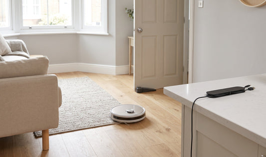 A bright, modern UK living space with compact tech essentials visible: a robot vacuum mid-clean, a magnetic cord organiser on