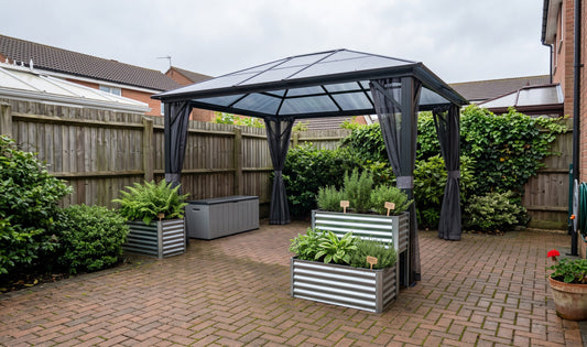 Compact UK urban garden with foldable Outsunny hardtop gazebo, stackable planters, and weatherproof storage box
