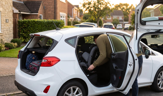 A modern UK family loading a Reecle 360 swivel ISOFIX car seat into a compact hatchback in a sunlit suburban driveway