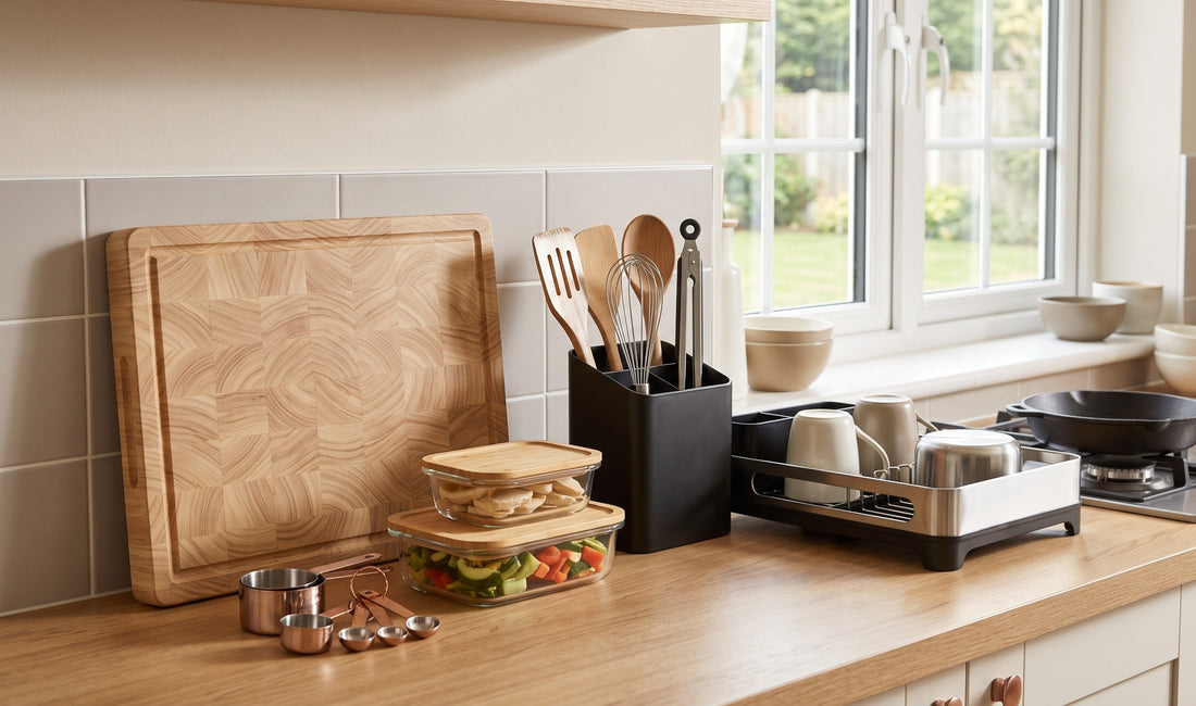 Time-saving kitchen tools on a tidy UK family kitchen worktop with chopping board, storage containers and dish rack