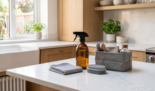 A sunlit, clutter-free UK kitchen counter with a reusable spray bottle, microfibre cloths, silicone scrubber, and foldable ca