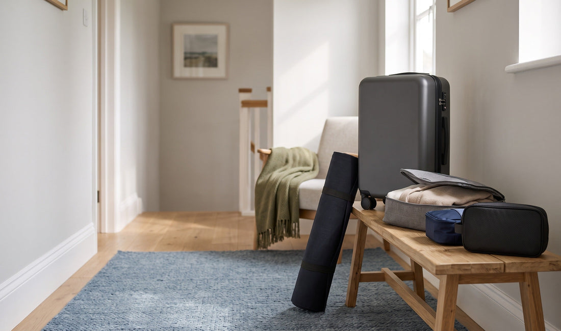 A neatly packed, modern UK family holiday setup: lightweight Kono suitcase, foldable travel bag, reusable packing cubes, and 