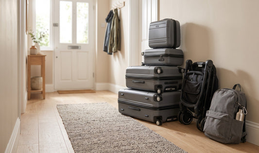 A neatly arranged family luggage set on a light oak hallway floor beside a folded pushchair and child’s backpack — UK home se