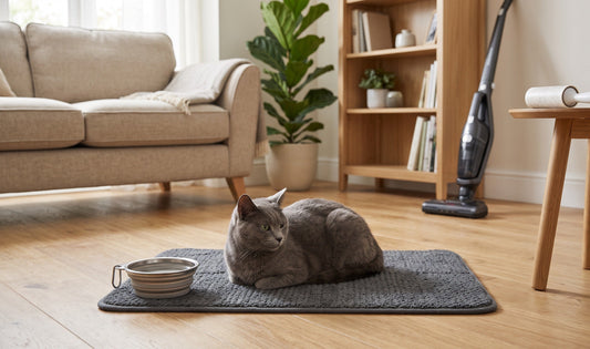 A tidy UK living room with a grey cat on a washable pet mat beside a sleek pet hair roller, collapsible travel bowl, and cord