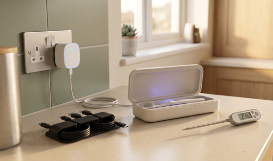 A sunlit UK kitchen counter with compact smart home gadgets: digital meat thermometer, magnetic cord organiser, smart plug, a