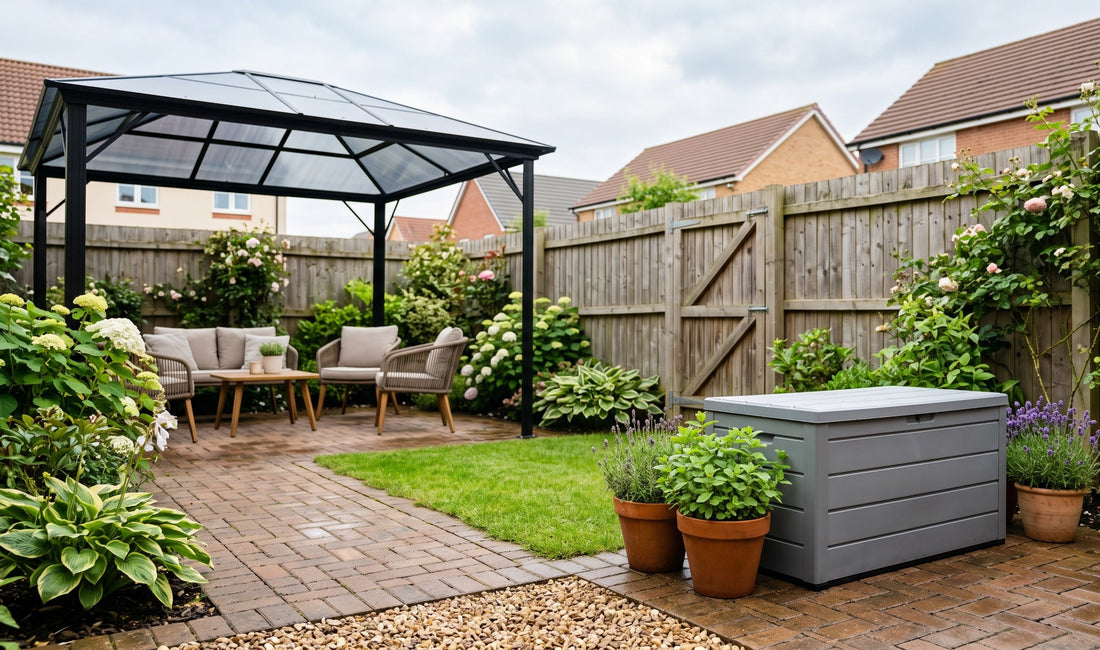 Compact UK suburban garden with foldable aluminium gazebo, child-safe gate latch, and stackable storage box beside potted her