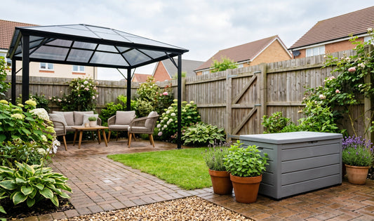 Compact UK suburban garden with foldable aluminium gazebo, child-safe gate latch, and stackable storage box beside potted her