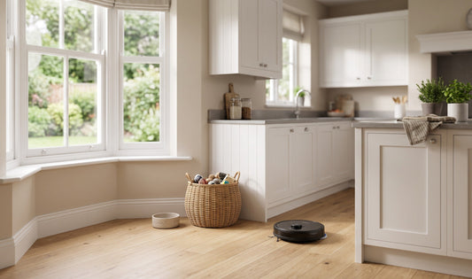 Modern UK semi-detached kitchen with light wood floors, a sleek black robot vacuum and mop gliding near a toddler’s toy baske