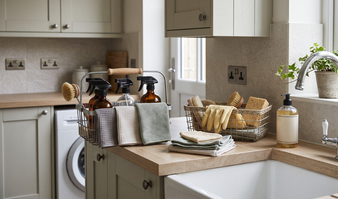 Weekly reset cleaning essentials arranged on a tidy UK home utility counter with cloths, spray bottles and storage caddy