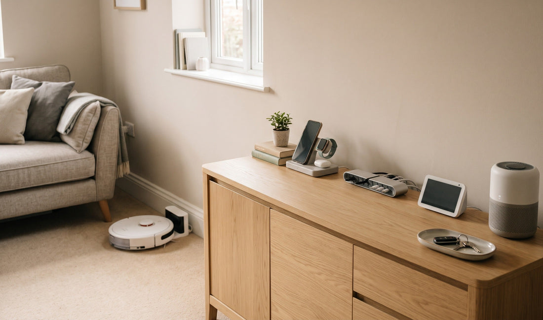 Small home tech gadgets on a UK living room sideboard with a robot vacuum dock, smart accessories and tidy cable storage
