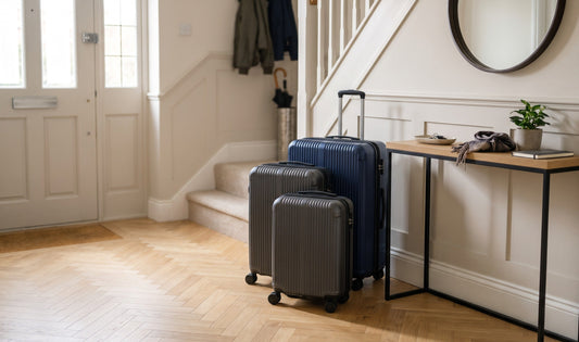A stylish nested set of hard-shell spinner suitcases ready for family holiday travel in a UK home hallway.
