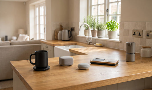 Modern UK kitchen counter featuring sleek small home tech gadgets and compact electronic household devices.