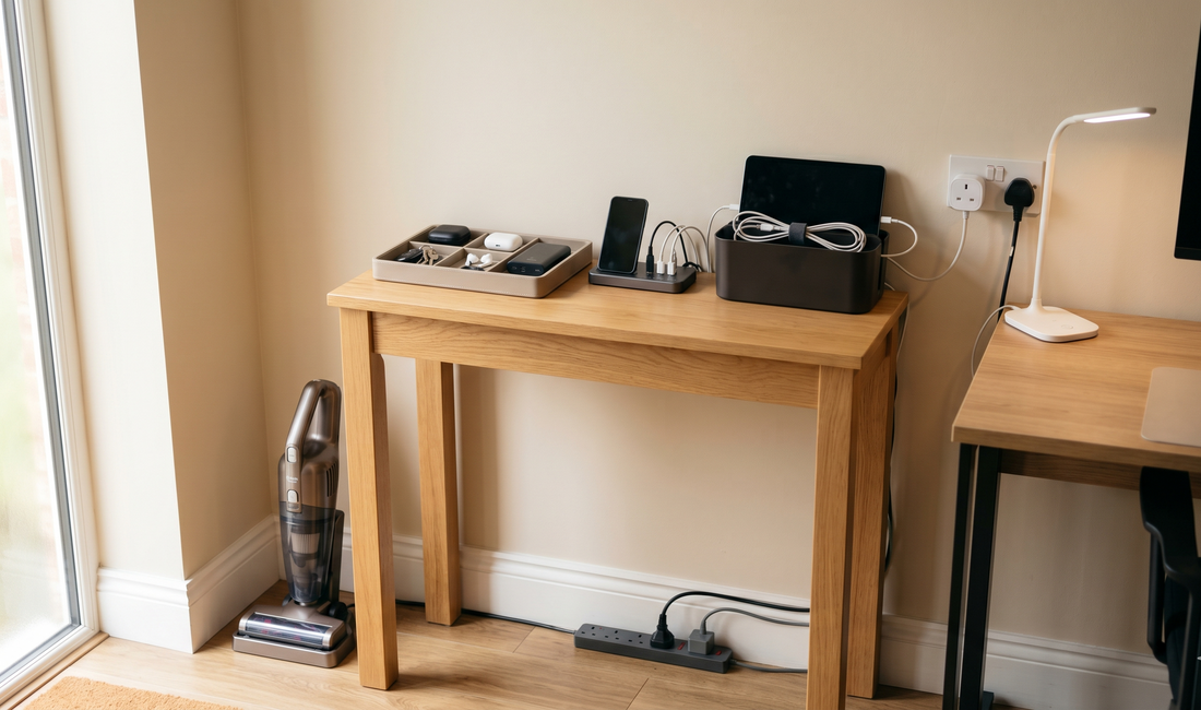 Small home tech gadgets arranged in a modern UK family home