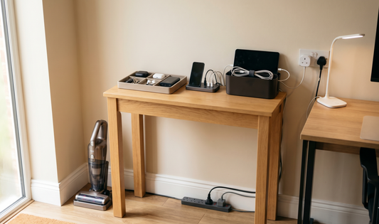 Small home tech gadgets arranged in a modern UK family home