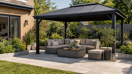Modern UK garden with a hardtop gazebo and coordinated rattan garden sofa set in natural daylight